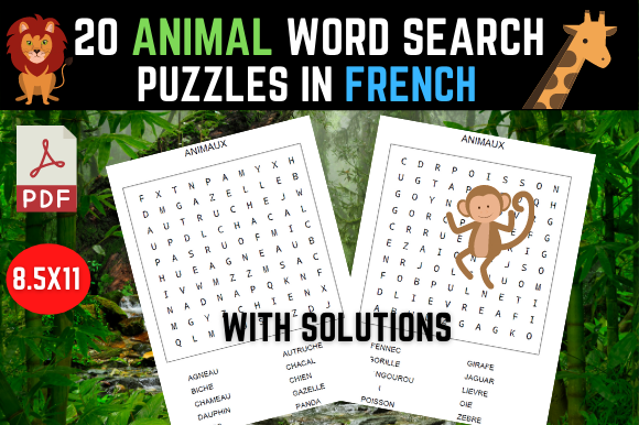 Explore the Wonders of 20 Animals French Word Search Puzzles for Kids